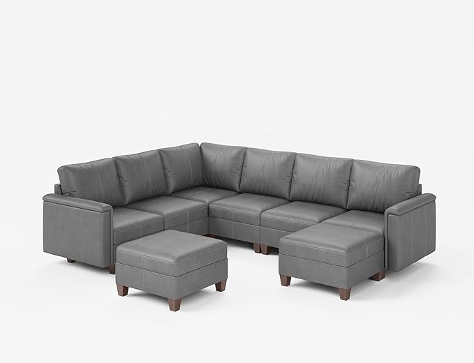 SITJOY 118" Faux Leather Modular Sectional Sofa with Storage, Mid Century Modern Sectional Couches for Living Room, 6 Seater V Shaped Couch with Chaise, Gray