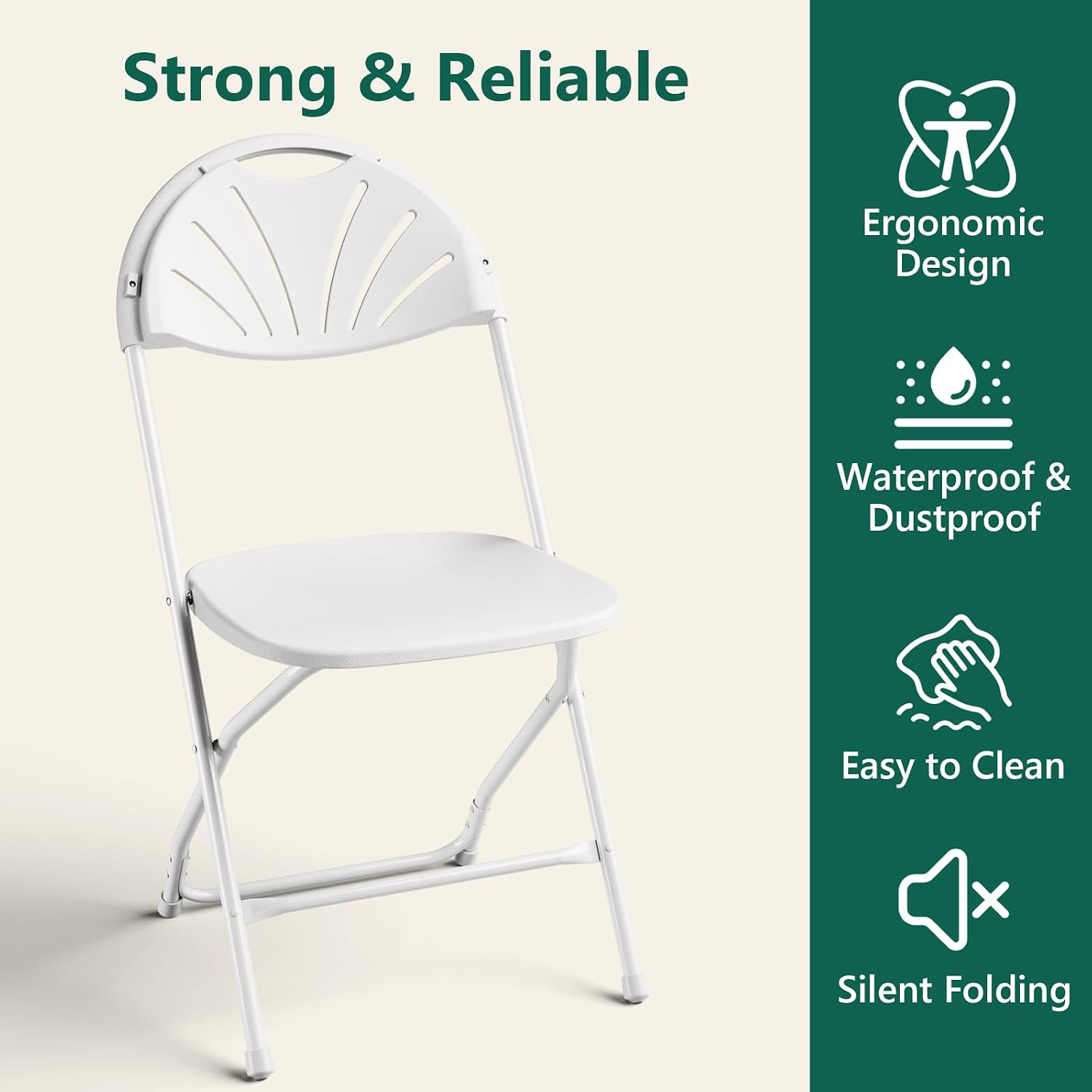 Folding Chair 2 Pack, Portable Foldable Chair with Ergonomic Design Back&Seat, Plastic Chairs for Party Wedding Dinning Indoor&Outdoor Use, Metal Frame Supports up to 350lbs, White