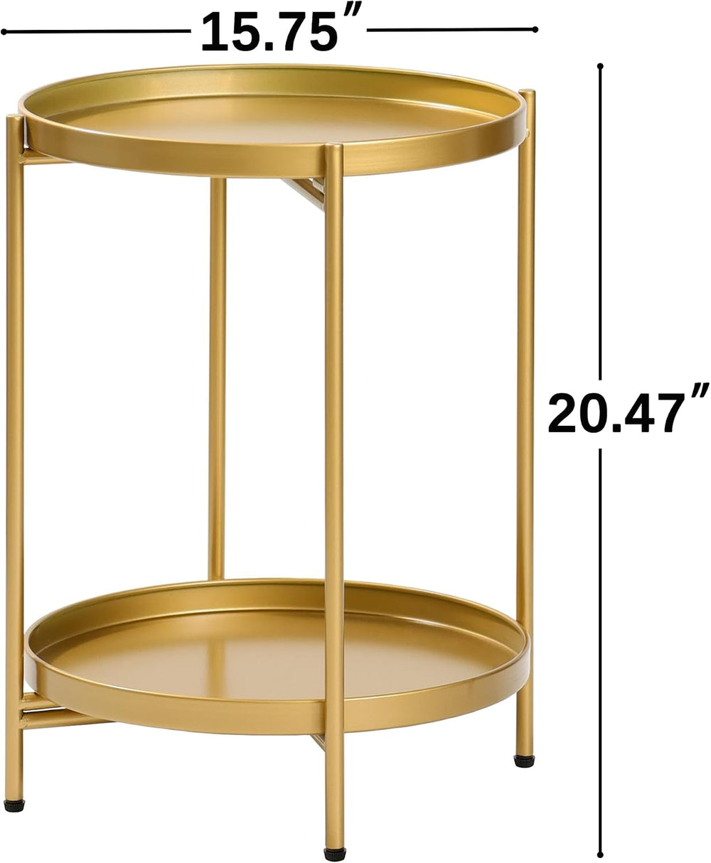 2-Tier Round End Side Table, Small Metal Side Table with Removable Tray, Fold...