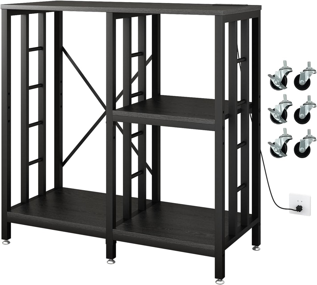 METYERRY Adjustable Kitchen Bakers Rack with Power Outlet,4-Tier Microwave Stand Kitchen Cart,Mini Fridge Stand with Storage,Bar Cabinet,Suitable for Office,Coffee Bar,Living Room,Patio, Black