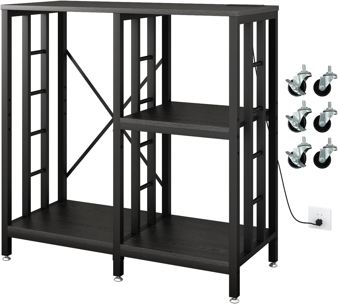 METYERRY Adjustable Kitchen Bakers Rack with Power Outlet,4-Tier Microwave Stand Kitchen Cart,Mini Fridge Stand with Storage,Bar Cabinet,Suitable for Office,Coffee Bar,Living Room,Patio, Black