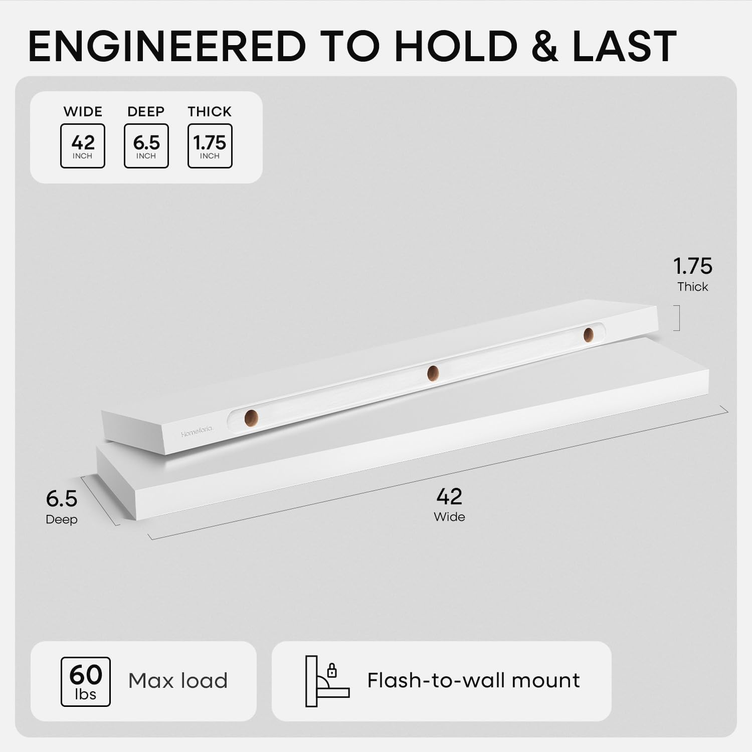 Homeforia White Floating Shelves 42 inch, High End Solid Real Wood 42inch Floating Shelf for Wall Mounted, White Wooden 42in Long Floating Shelves, Heavy Duty Bracket, 42 X 6.5 X 1.75 inches, Set of 2