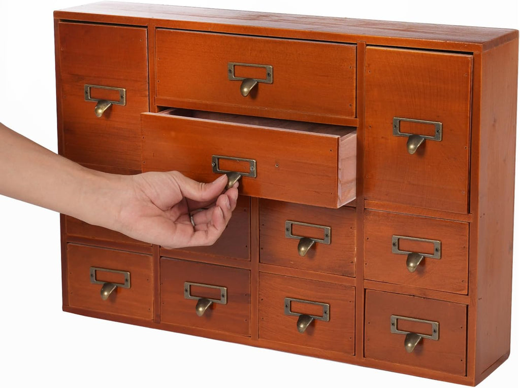 12-Drawer Wooden Storage Cabinet Organizer, Apothecary Cabinet Vintage Library Card Catalog Cabinets for Countertop Apothecary Tea Coffee Pod Storage (Brown)