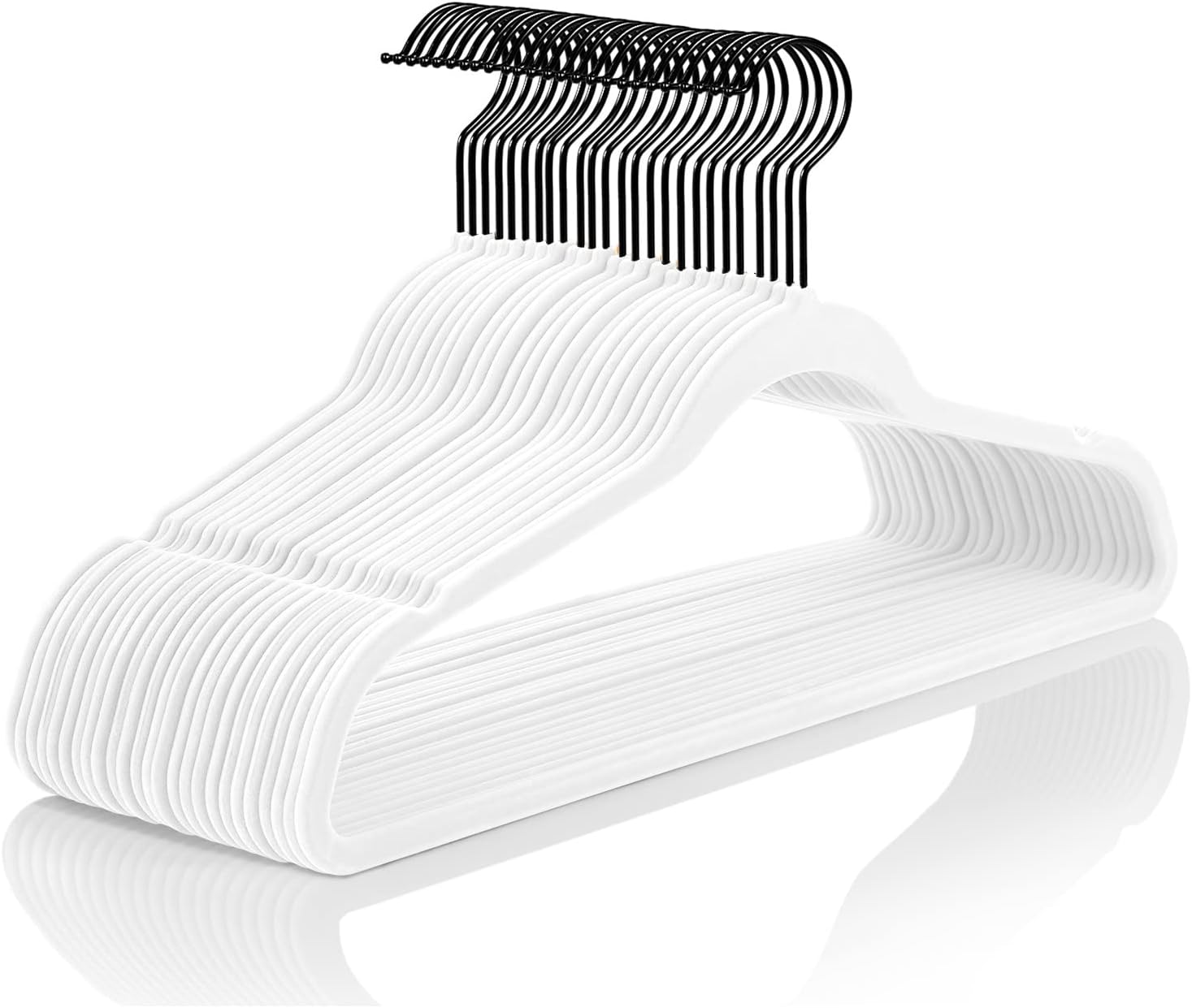 MIZGI Premium Velvet Hangers (50 Pack) Heavy Duty - Non Slip Felt Hangers - White Velvet Suit - Black Coated Hooks,Space Saving Clothes