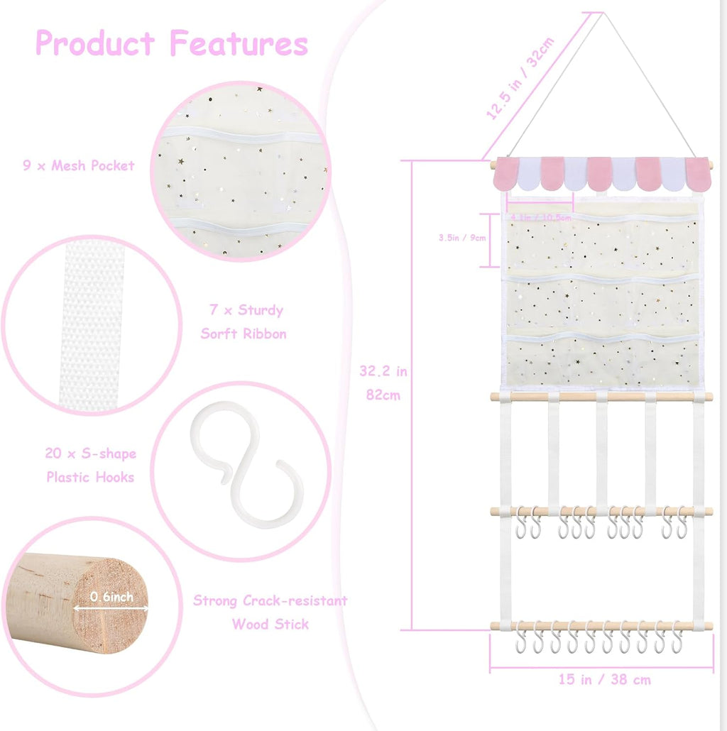New Upgraded Bow Organizer for Girls, Headband Holder w/ 9 Mesh Pockets,Hair Bow Holder Clip Organizer, Wall Hair Accessories Organizer for Baby Girl Nursery Decor(32x15inch,Beige Pink)