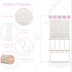 New Upgraded Bow Organizer for Girls, Headband Holder w/ 9 Mesh Pockets,Hair Bow Holder Clip Organizer, Wall Hair Accessories Organizer for Baby Girl Nursery Decor(32x15inch,Beige Pink)