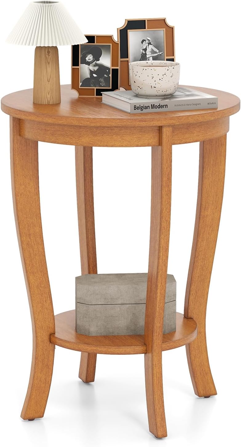 GOFLAME 2-Tier Round End Table, 18” Sofa Side Table with Storage Shelf, Floor...
