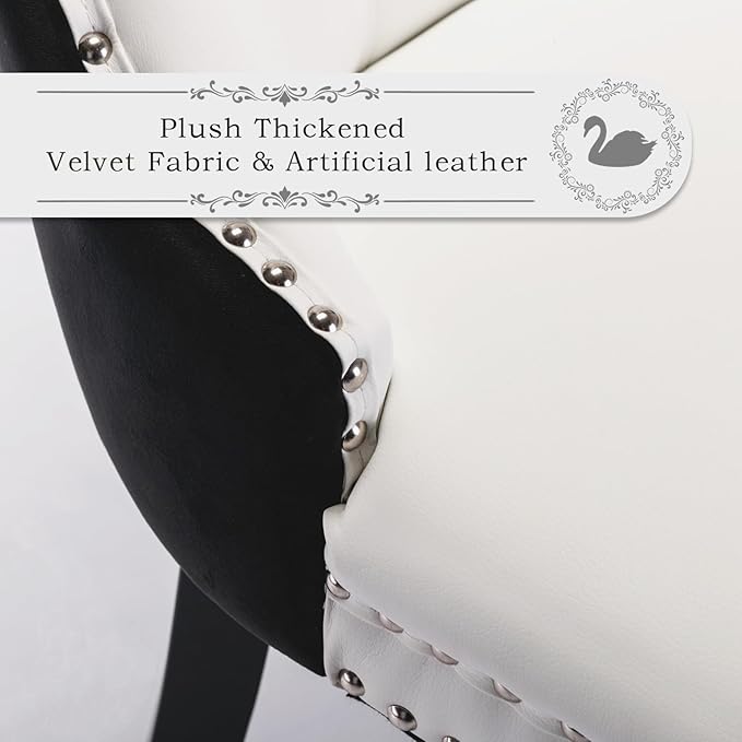 Leather Upholstered Dining Chairs Set of 4, Modern Style Kitchen Side Chairs with Nailhead Trim and Wood Leg, Metal Pulling Ring for Dining Room Living Room(Black&White,Set of)