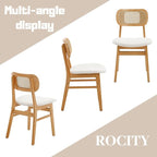 Rattan Dining Chairs Set of 4 Beige Linen Fabric Dining Room Chairs Natural Wooden Kitchen Chairs Farmhouse Boho
