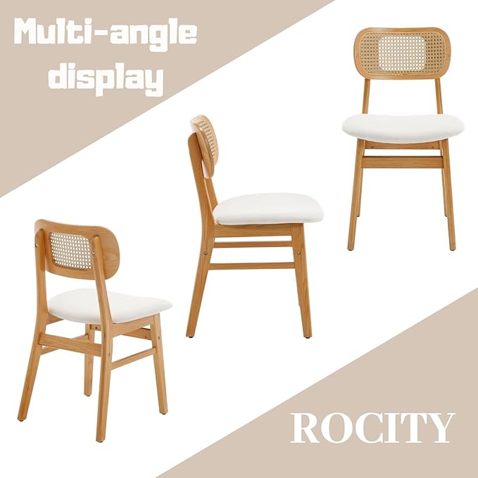 Rattan Dining Chairs Set of 6 Beige Linen Fabric Dining Room Chairs Natural Wooden Kitchen Chairs Farmhouse Boho