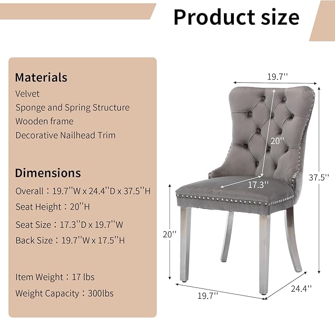 Luxury Upholstered Dining Chairs Set of 4, Grey Kitchen Chair with Silver Met...