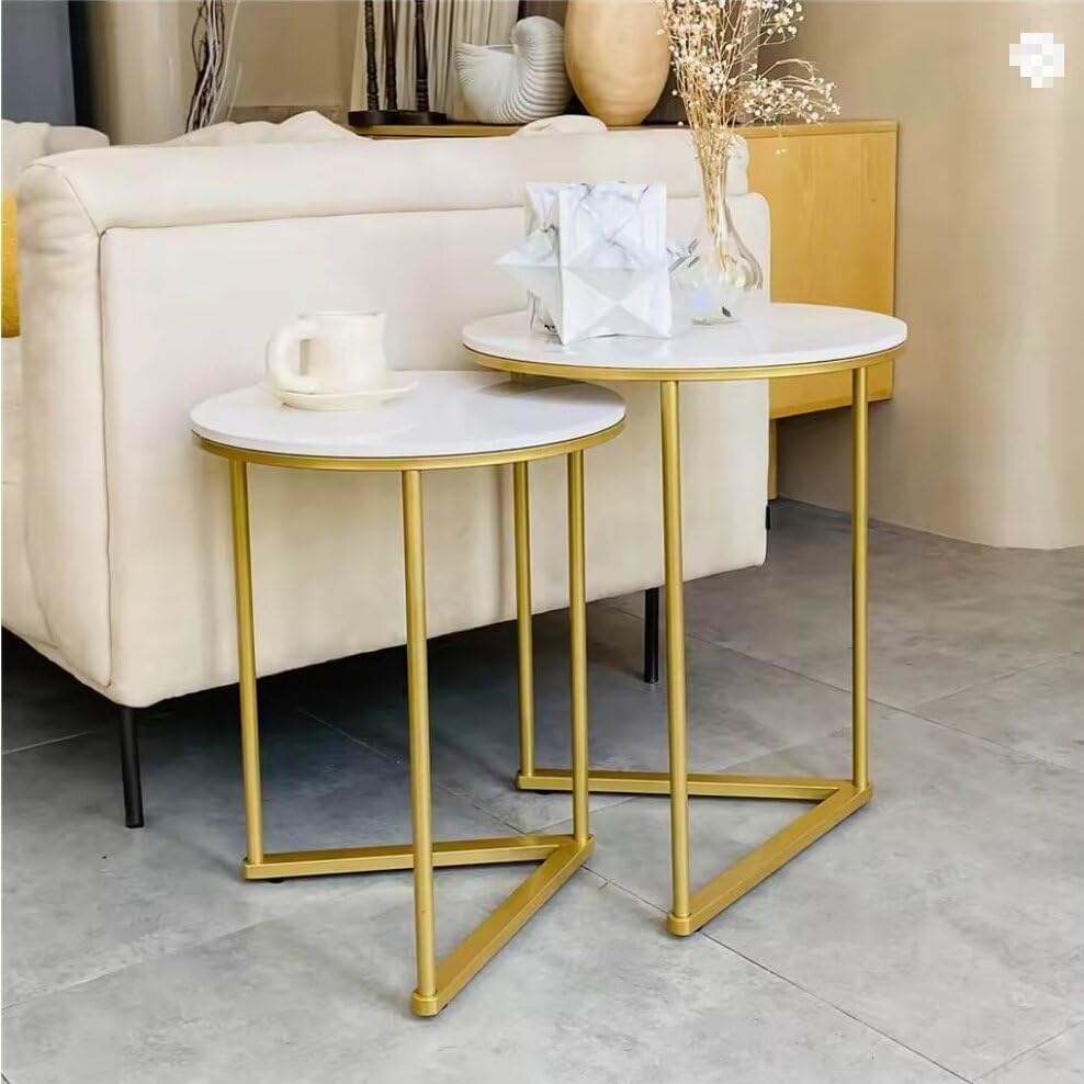 Set of 2 Modern Round Marble Metal Base Nesting Set Side Accent Table Living ...