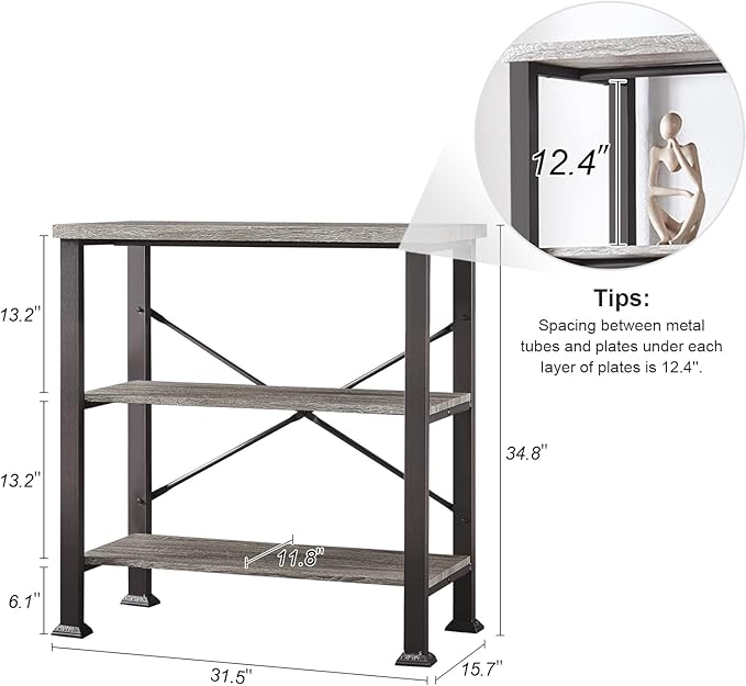 HOMBAZAAR 3 Tier Bookshelf,Grey Industrial Book Shelf,Engineered Wood and Metal Deep Bookshelves,Low Shelf Bookcase for Living Room,Office,Bedroom and Kitchen