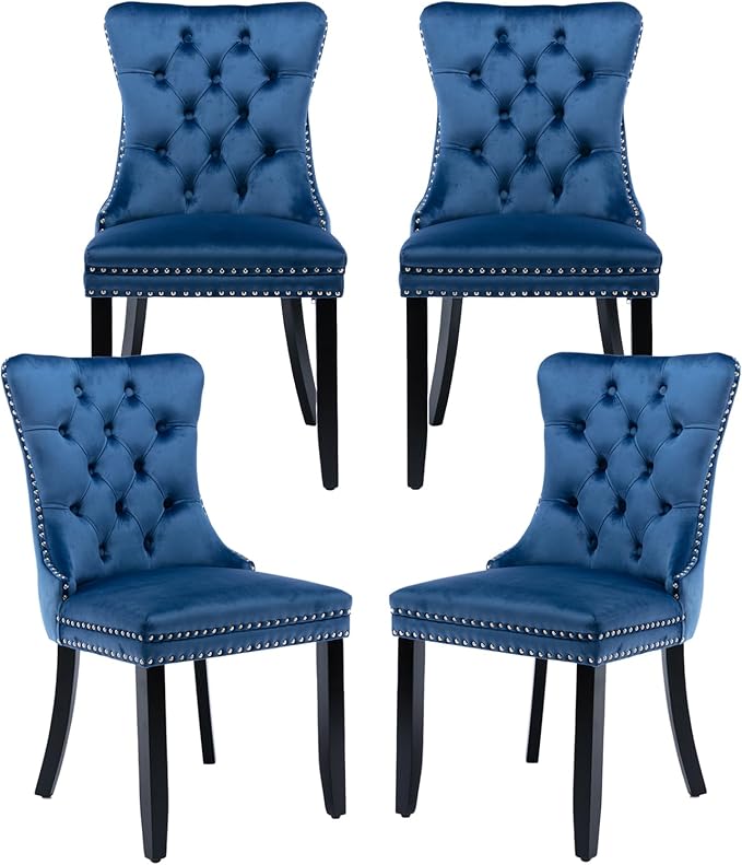 Blue Velvet Dining Chairs Set of 4, Tufted Upholstered Dining Room Chairs with Back Ring Pull, Nailhead Trim and Solid Wood Legs, Modern Dining Chairs for Dining Room, Kitchen(Blue)