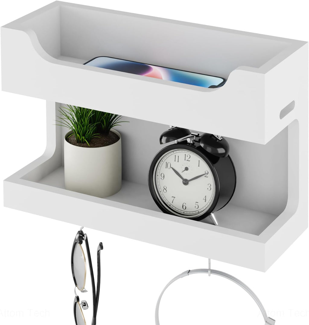 NiHome Wall Mounted Wooden Bedside Accessories Organizer, Double Tray Bedside Storage Shelf Rack with Magnetic Hooks, Bedroom Dorm RV Wall Caddy Holder for Phone Glasses Alarm Clock Remote (White)