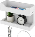 NiHome Wall Mounted Wooden Bedside Accessories Organizer, Double Tray Bedside Storage Shelf Rack with Magnetic Hooks, Bedroom Dorm RV Wall Caddy Holder for Phone Glasses Alarm Clock Remote (White)
