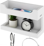 NiHome Wall Mounted Wooden Bedside Accessories Organizer, Double Tray Bedside Storage Shelf Rack with Magnetic Hooks, Bedroom Dorm RV Wall Caddy Holder for Phone Glasses Alarm Clock Remote (White)