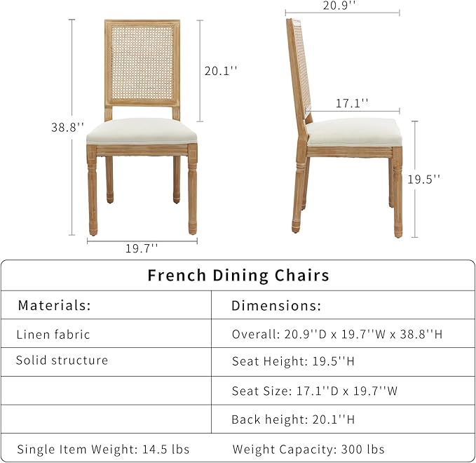 French Country Dining Chairs Set of 4, Cream Kitchen & Dining Room Chairs Set of 4, Ivory Rattan Dining Chairs, Cane High Back, Wood Legs, Sillas De Comedor (Rattan, Beige, 4Pcs)