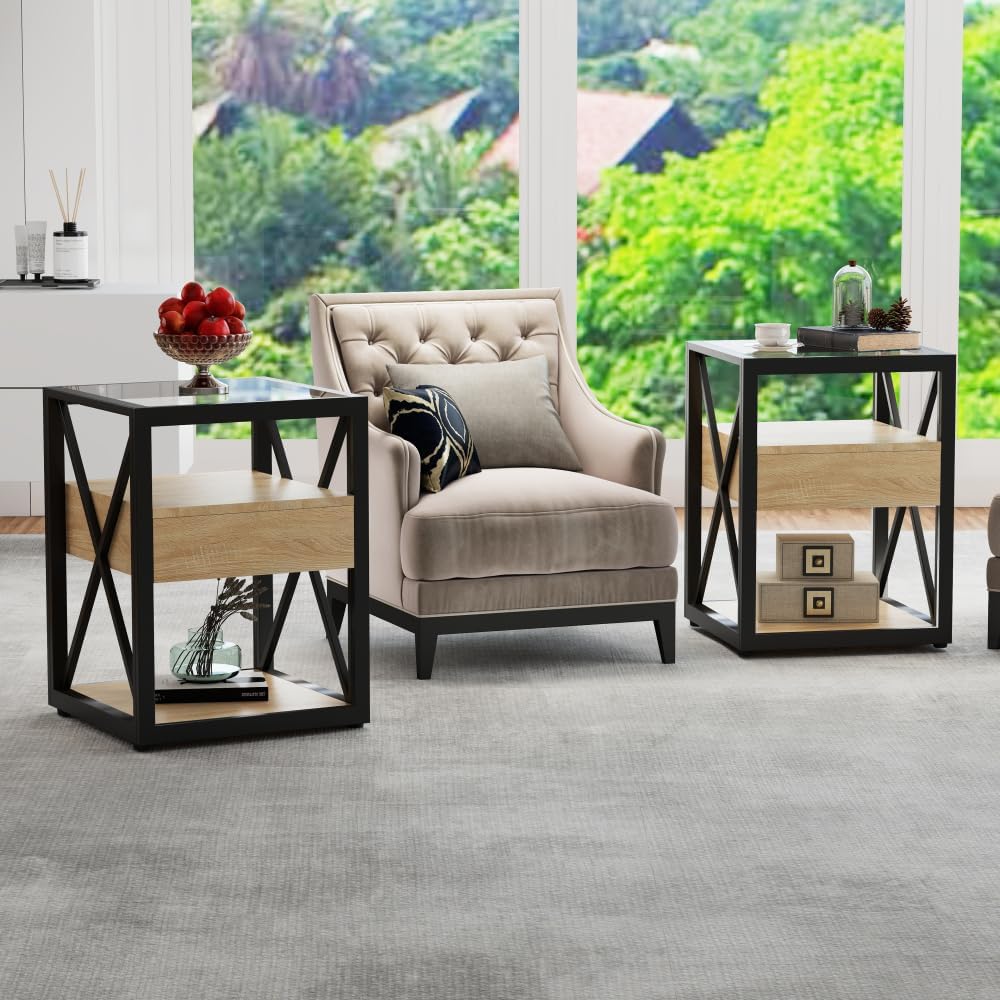 End Table Set of 2, Natural Wood MDF with Tempered Glass Top and Drawer | Ind...