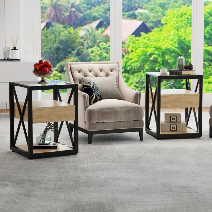 End Table Set of 2, Natural Wood MDF with Tempered Glass Top and Drawer | Industrial-Style Nightstands with Drawer Storage for Bedrooms and Living Rooms; Coordinating Side Table Pair
