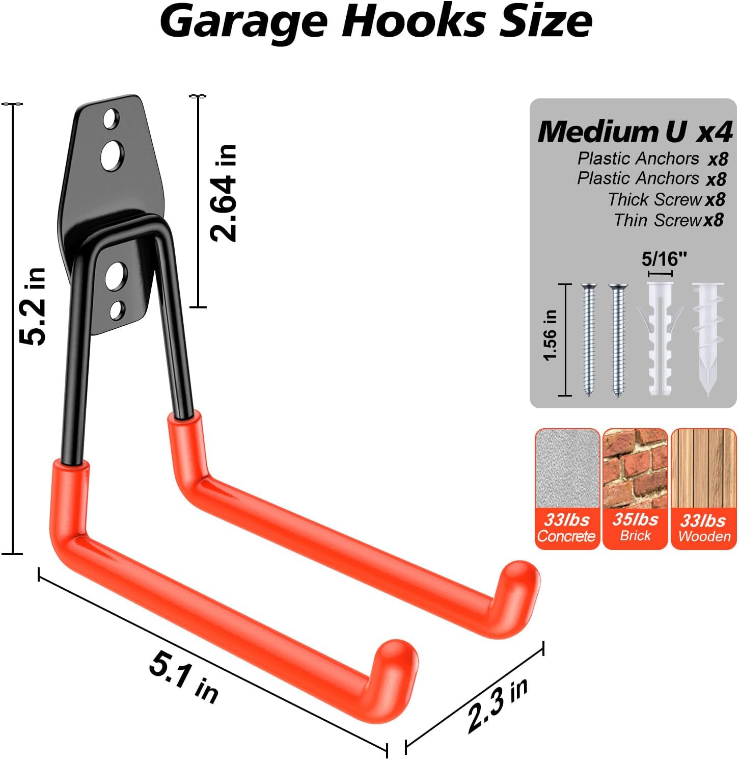 4 Pack Heavy Duty Garage Hooks,Solid Steel Wall Mount Hangers,with Anti-Slip Coating,for Hanging and Organising Ladder,Bike,Ropes,Broom,Garden,Yard and Power Tools(5.2x5.1 inch)