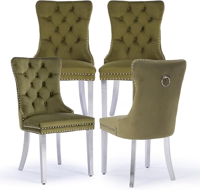 Velvet Upholstered Dining Chairs Set of 4, Modern Kitchen Side Chairs with Nailhead Trim and Silver Plated Leg, Metal Pulling Ring for Dining Room Living Room(Olive Green-Silver Plated Leg)