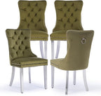 Velvet Upholstered Dining Chairs Set of 4, Modern Kitchen Side Chairs with Nailhead Trim and Silver Plated Leg, Metal Pulling Ring for Dining Room Living Room(Olive Green-Silver Plated Leg)