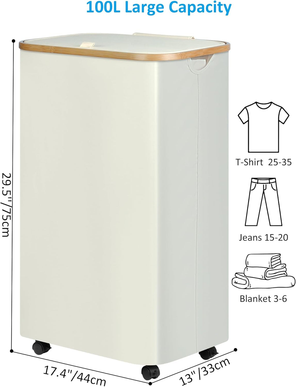 efluky Slim Laundry Basket with Wheels, Narrow Rolling Laundry Hamper with Lid and Removable Bag, Tall Aesthetic Dirty Clothes Hamper on Wheels for Laundry Room, Bedroom, Dorm and Bathroom, 100L Beige