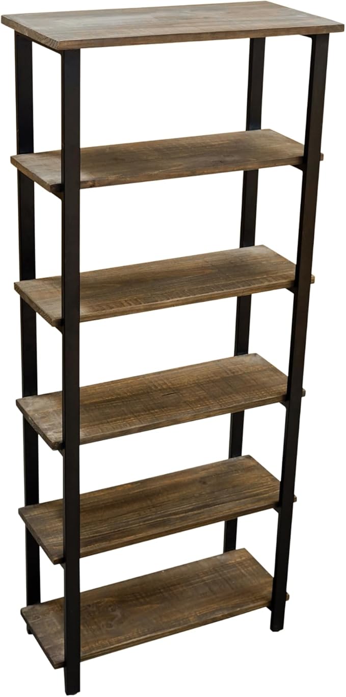 Pomona 6-Tier Bookcase – 70" Tall Solid Wood with Metal Frame Bookshelf – Durable Industrial Storage for Home Office, Living Room, or Bedroom by Alaterre Furniture (Brown Lacquer Finish)