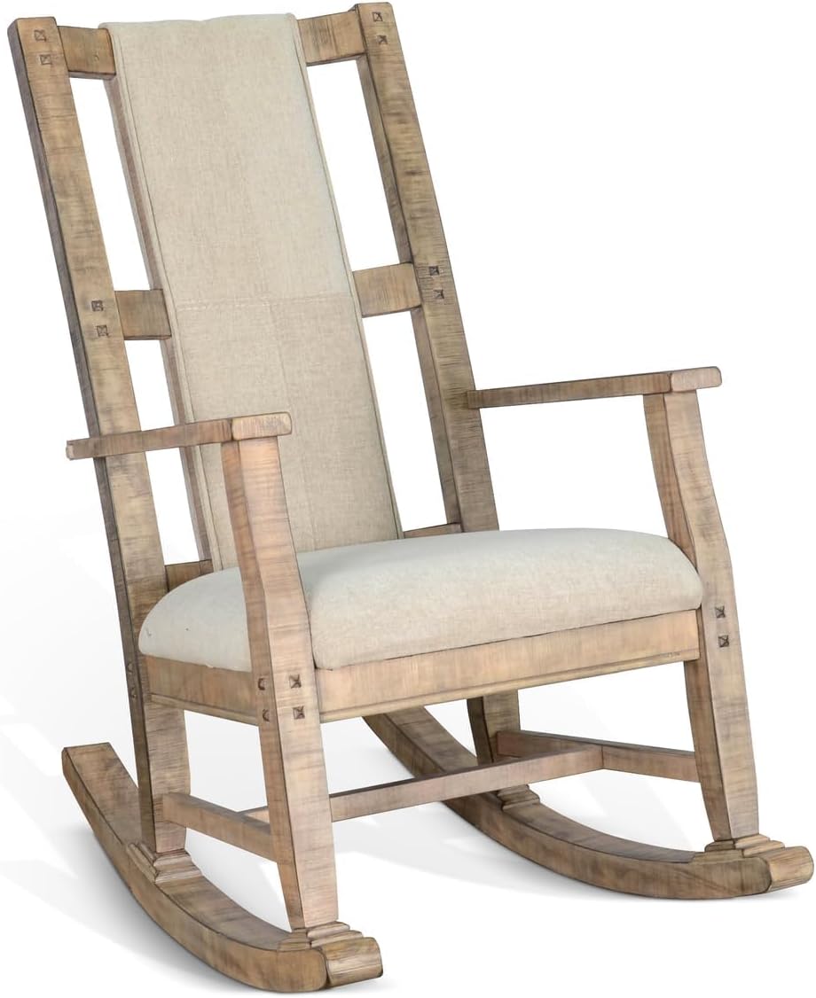 Pemberly Row Mahogany Rocking Chair with Cushioned Seat and Back, Studded Accents, Smooth Rocking Motion, Beige