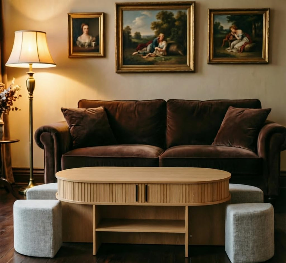 Oval Coffee Table Set with Storage and 4 Fabric Stools,Center Table | Feature...