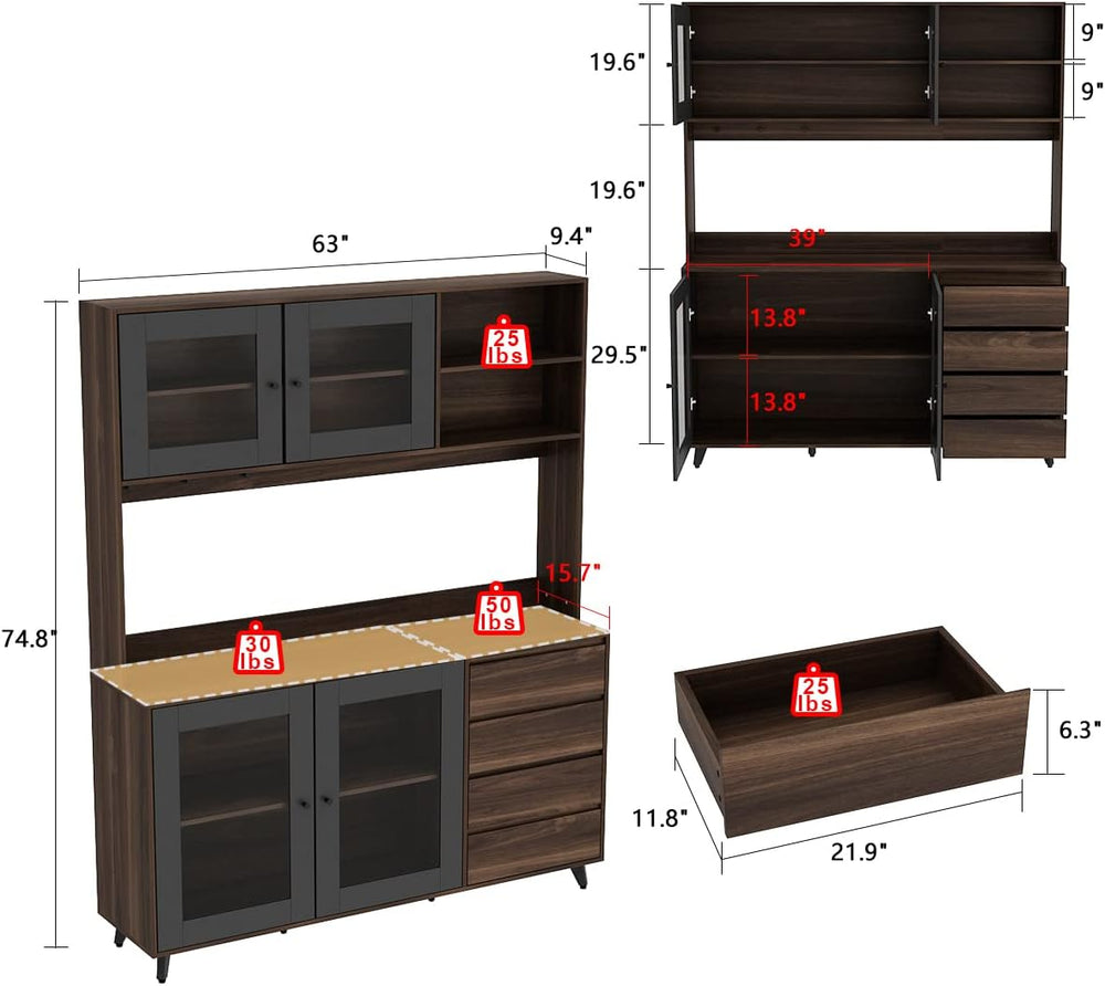 AGOTENI Large Kitchen Hutch Cabinet, Storage Cupboard Pantry with 4 Glass Doo...