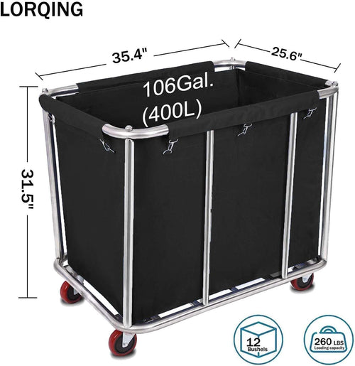 105 Gal Rolling Laundry Basket, Commercial 400L Large Capacity Heavy Duty Clothing Laundry Cart with Stainless Steel Frame and Removable Bag