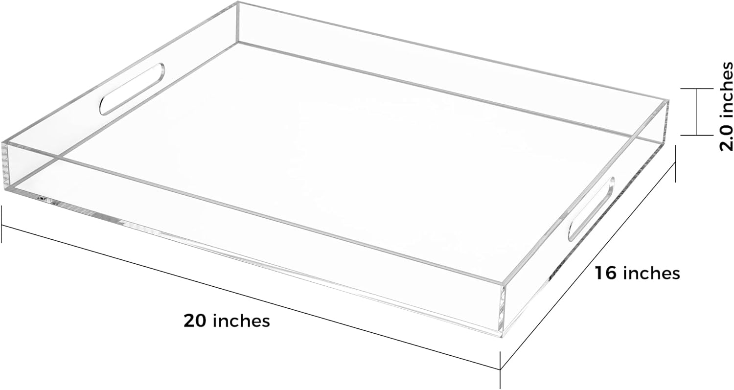 Clear Rectangular 16x20 Inches Acrylic Ottoman Tray Decorative Serving Tray with Cutout Handles Organizer Tray on Coffee Table Countertop Big Breakfast Bed Tray Living Room Appetizer Serving Food
