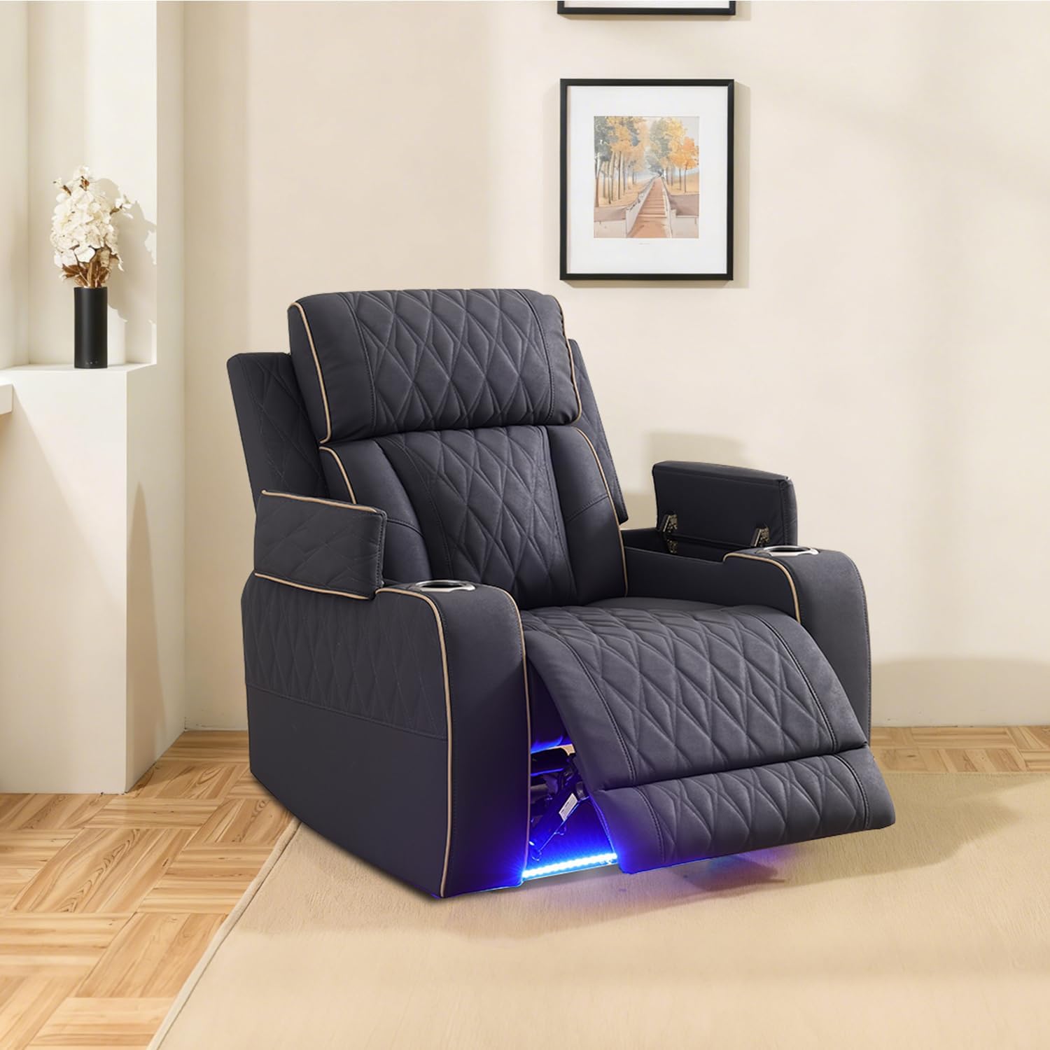 Power Recliner Chair with LED Lights,Leather Reclining Couch with Storage Console/Arm Cup Holder for House/Home Theater/Small Space/Rv(Single Chair,Navy)