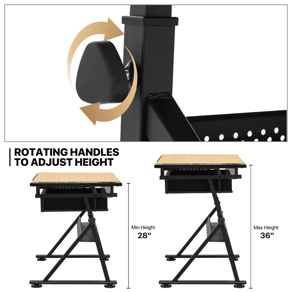MoNiBloom 39‘’ Adjustable Drafting Table & Stool Set with Storage, Natura...