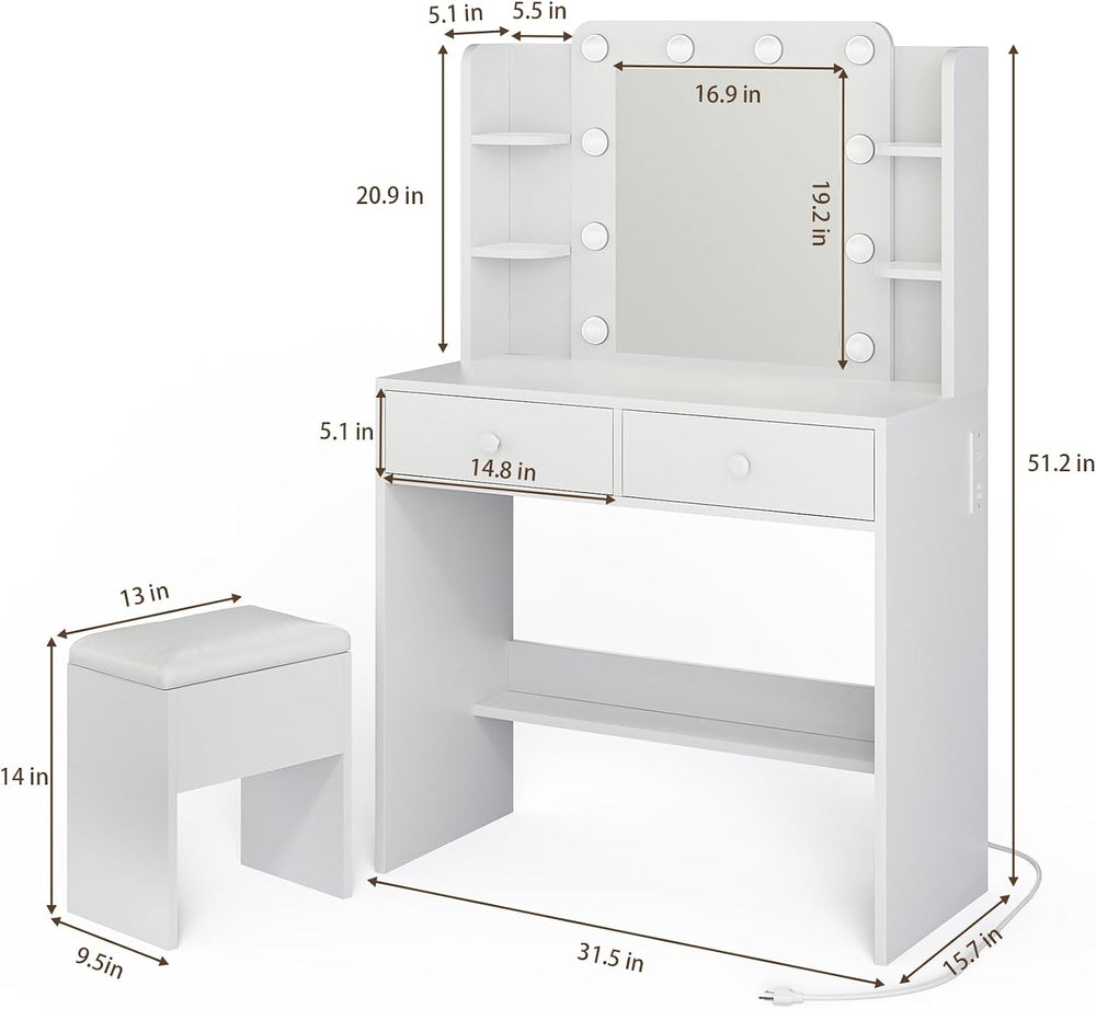 Haewon Makeup Vanity Desk with Lighted Mirror and Chair Set, White | 10 LED L...