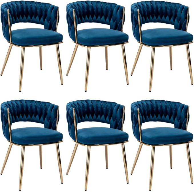 KCC Modern Velvet Dining Chairs Set of 6, Upholstered Living Room Chair with Woven Back and Golden Metal Legs, Mid-Century Accent Side Chair for Dining Room, Kitchen, Blue