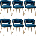 KCC Modern Velvet Dining Chairs Set of 6, Upholstered Living Room Chair with Woven Back and Golden Metal Legs, Mid-Century Accent Side Chair for Dining Room, Kitchen, Blue
