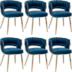 KCC Modern Velvet Dining Chairs Set of 6, Upholstered Living Room Chair with Woven Back and Golden Metal Legs, Mid-Century Accent Side Chair for Dining Room, Kitchen, Blue