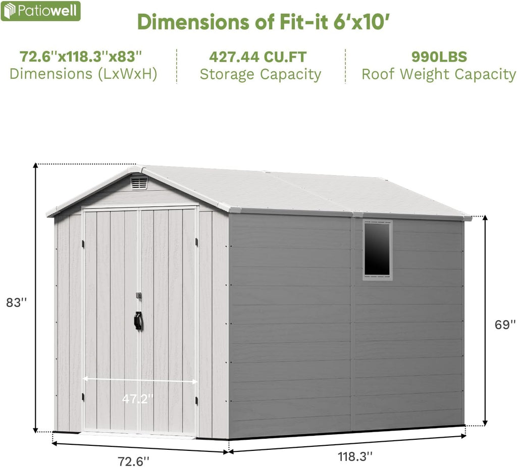Patiowell 6x10FT Outdoor Storage Shed with Floor, Plastic Resin Garden Shed with Lockable Door, Windows, Weather-Resistant for Lawn Mower, Tool & Backyard Storage (Light Grey)