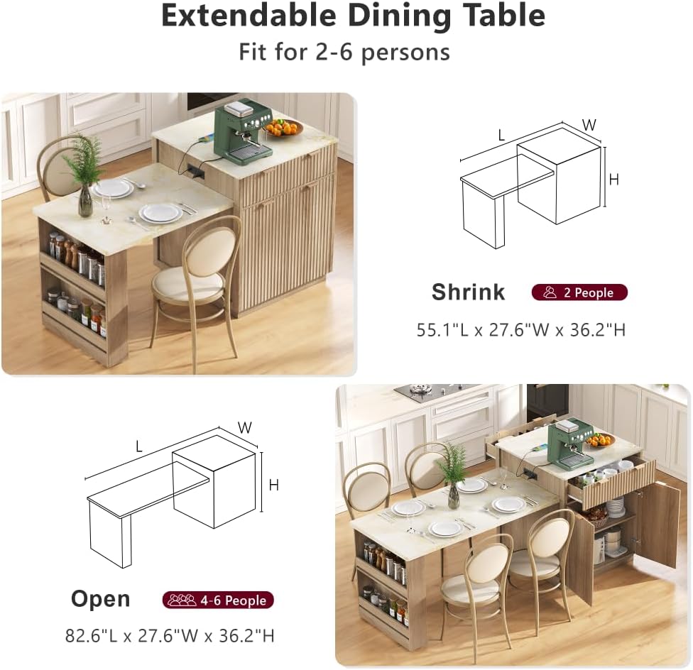 Kitchen Island, 82.6-Inch Natural with Extendable Dining Table and Outlet | F...