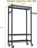 Heavy Duty Clothes Rack Rolling Garment Rack,3 Tier Adjustable Wire Shelving Clothing Racks for Hanging Clothes with Hanger Rod&Side Hooks,Freestanding Wardrobe Storage Rack Metal Portable Closet