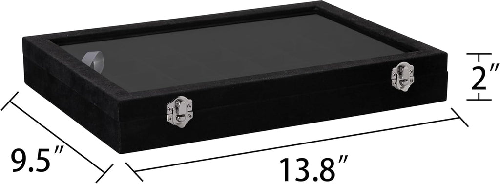 Frebeauty Velvet Jewelry Tray,35 Grid Jewelry Organizer with Clear Lid,Earring Holder Organizer Case with Clasp,Drawer Insert for Rings Studs,13.8 x 9.5 x 2 Inches,Gift for Women Girls(Black)