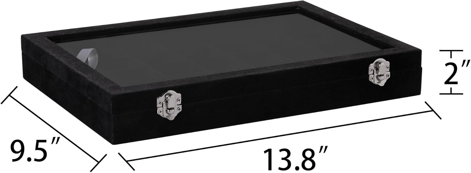 Frebeauty Velvet Jewelry Tray,35 Grid Jewelry Organizer with Clear Lid,Earring Holder Organizer Case with Clasp,Drawer Insert for Rings Studs,13.8 x 9.5 x 2 Inches,Gift for Women Girls(Black)