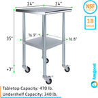 AmGood 24" x 24" Stainless Steel Work Table with Casters | Heavy Duty Metal Utility Table On Wheels | Kitchen Island Cart