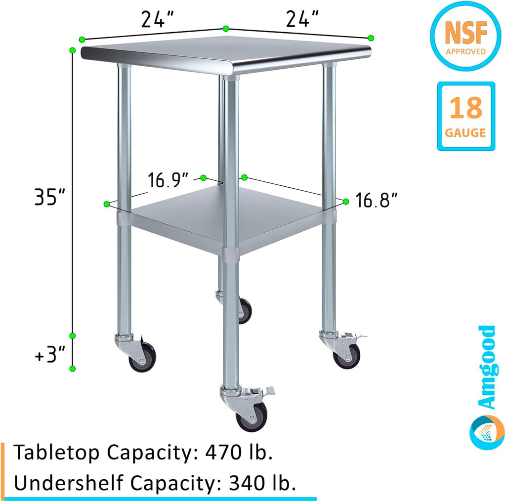 AmGood 24" Long x 24" Deep Stainless Steel Table with Casters