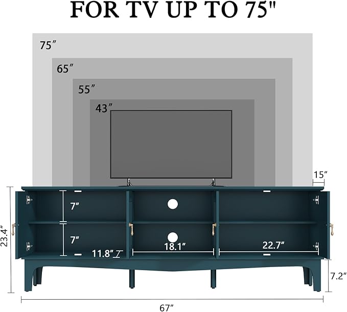 ARTPOWER 67“ Vintage TV Stand for TVs up to 75”, Modern Entertainment Center with Door Cabinets and Open Shelves,TV Console with Storage,Green Media Cabinet for Living Room,Bedroom
