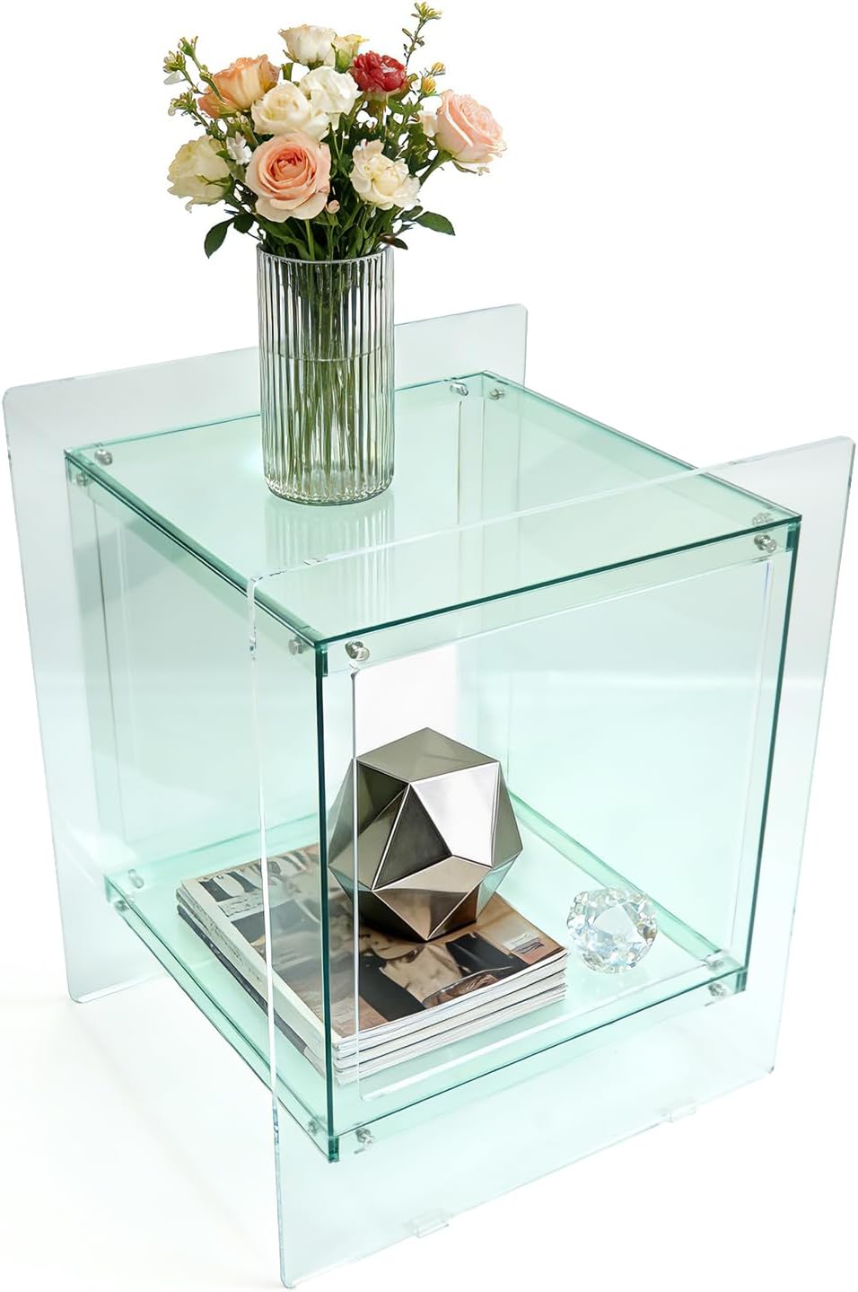 Acrylic End Table Light-Green: 2 Tier Clear Accent Desk Small Nightstand Set