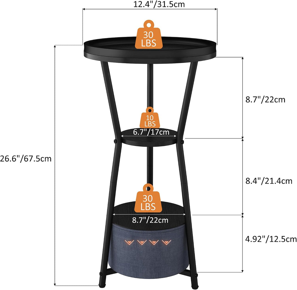 Yusong Round Side Table, Small Drink Table for Small Spaces, 3-Tier Industrial End Table, Accent Nightstand Bedside Table for Living Room, Bedroom, Sofa Couch, Black